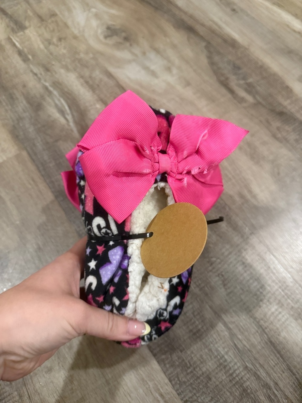 Pink Bow Plush Baby Slipper with Heart & Star Print no size- Jojo Siwa